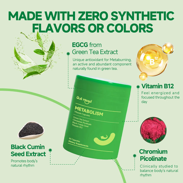 QUITMOOD-METABOLISM Vitamin Capsules, Green Tea Extract Chromium Picolinate Black Cumin Seed Vitamin B12, 60 Capsules