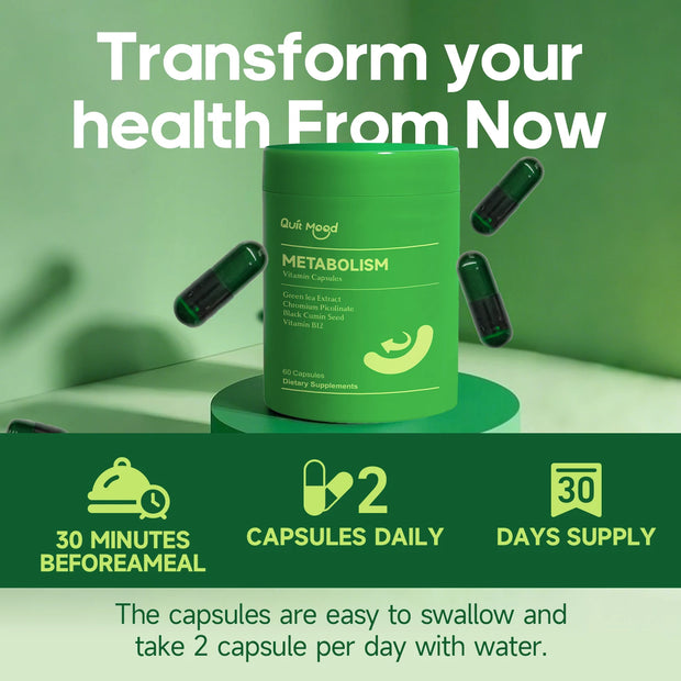 QUITMOOD-METABOLISM Vitamin Capsules, Green Tea Extract Chromium Picolinate Black Cumin Seed Vitamin B12, 60 Capsules