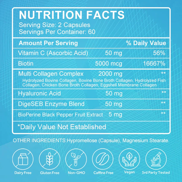 Multi Collagen Peptides-60/120 Capsules-Anti Aging, Health Skin, Nail, Hair, Collagen Capsules,Type I, II, III