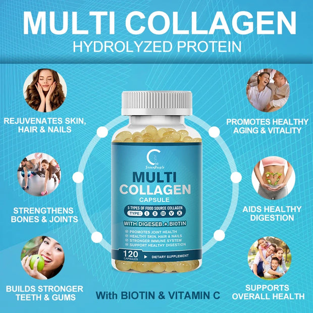 Multi Collagen Peptides-60/120 Capsules-Anti Aging, Health Skin, Nail, Hair, Collagen Capsules,Type I, II, III